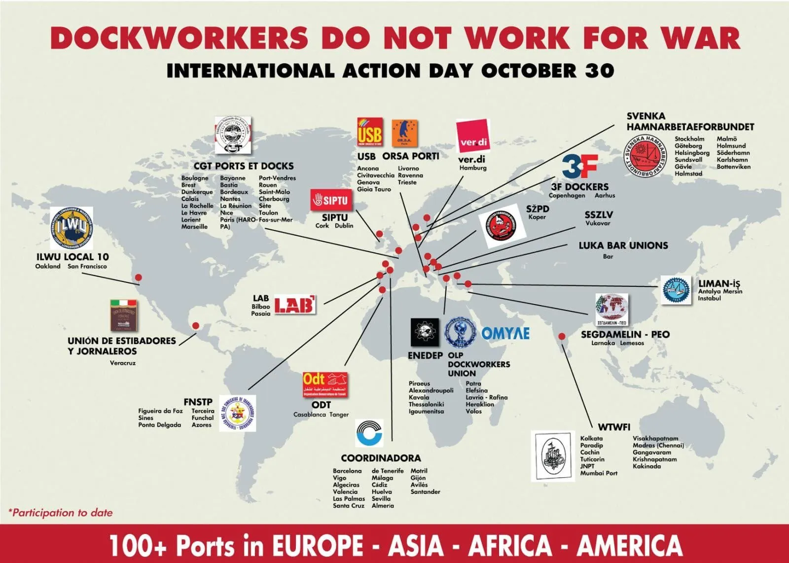 Mappa del mondo con i porti che aderiscono alla giornata internazionale del 30 ottobre «Dockworkers do not work for war»: porti in Europa, Asia, Africa e America, con i sindacati aderenti